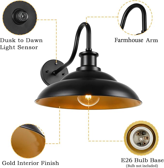 Outdoor Barn Light Fixture Dusk to Dawn, 16in Dome Large Farmhouse Exterior Wall Mount Light Wall Sconce Ideal for Farmhouse, Garage, Patio, Doorway