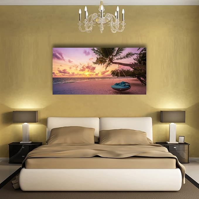Purple Beach Palm Pictures Canvas Wall Art For Living Room Bedroom Wall Decor,Sunset Wall Art Print Paitnings For Home Decor,Morden Artwork Coconut Tree Canvas Art Ready To Hang-24x48 Inches