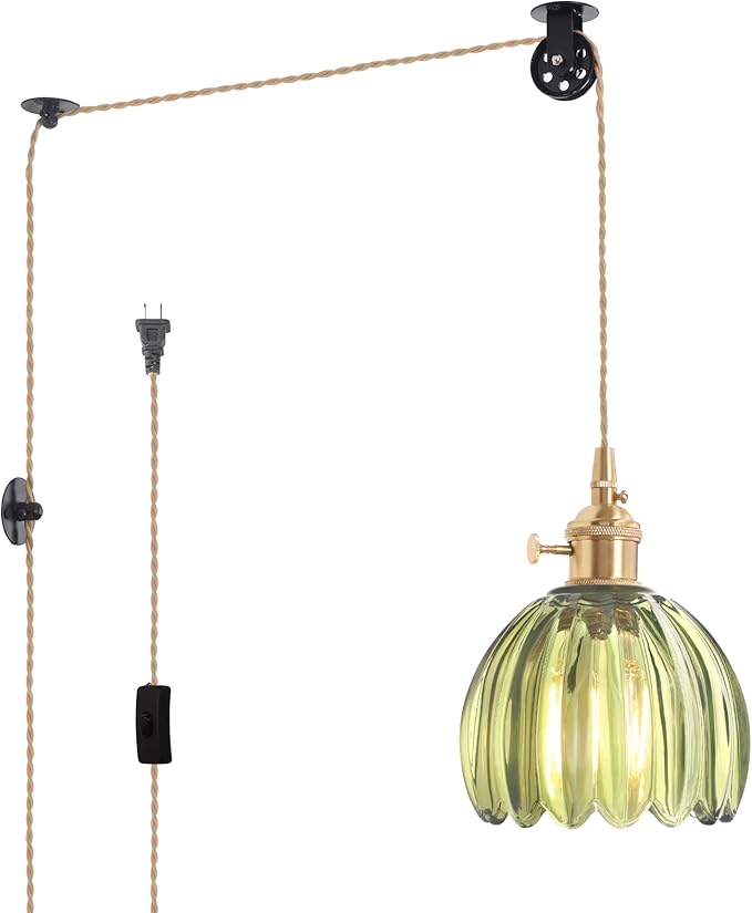 Plug in Pendant Light Hanging Light Fixture Corded On/Off Switch Brass Pendant Light with Green Tulip Glass Lampshade for Bedroom Living Room Kitchen Island
