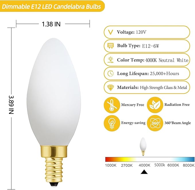 E12 Frosted led Bulb 6W Equivalent E12 Candelabra Bulb 60 watt Daylight 4000K Matt White Glass AC120V 600LM Dimmable B11 for Chandeliers,Ceiling Fan and Wall sconces Pack of 6