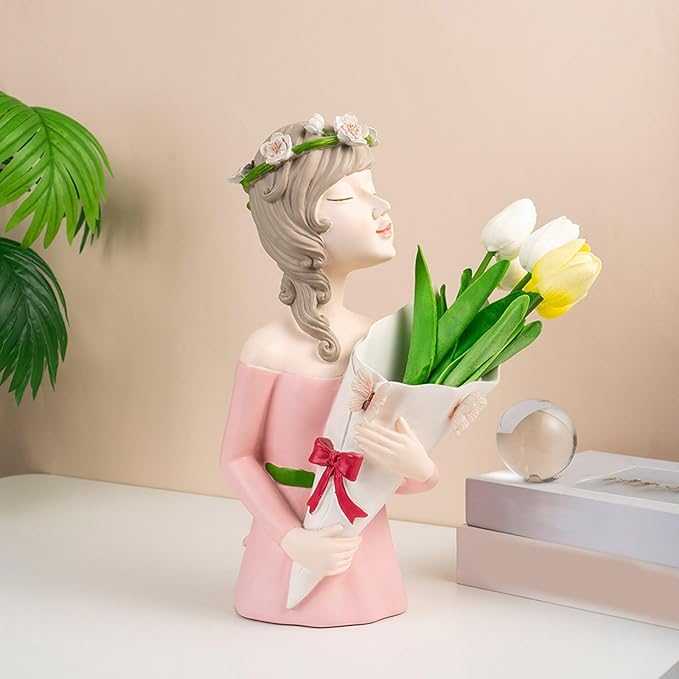 Modern Girl Figurine Flower Vases Plant Pots Resins Sculpture Flower Arrangement Container for Living Room Decoration
