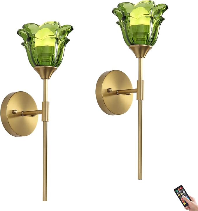 2 Pack Battery Operated Wall Sconce with Green Glass Shades, Wireless Rechargeable RGB Wall Light with Remote Control, for Bedroom Mirror Living Room