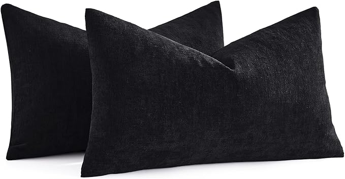 MIULEE Black Couch Pillow Covers 12x20 Inch, Set of 2 Soft Chenille Decorative Lumbar Throw Pillow Covers Farmhouse for Sofa Living Room Bed