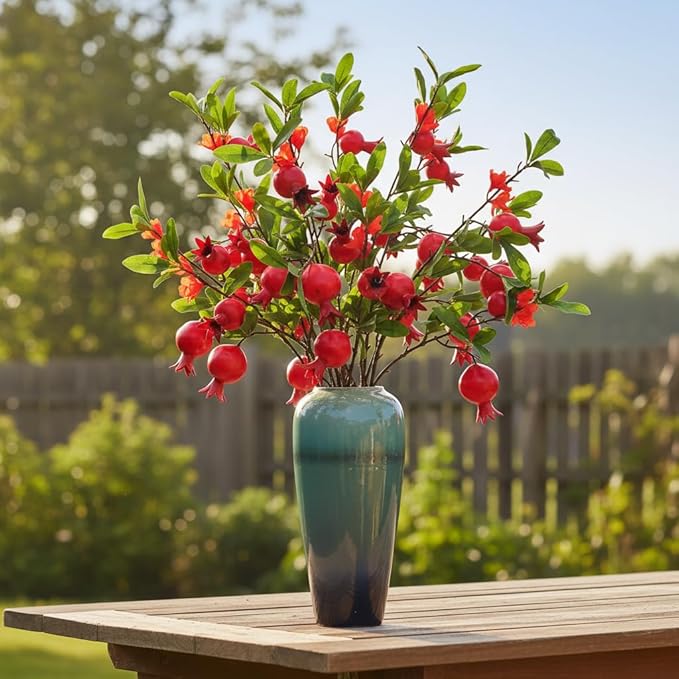 4-Piece Set of 37 Inch Artificial Pomegranate Berry Stems - Realistic Fake Red Rosehip Branches, Silk Autumn Wedding Center Decorations, Farmhouse Kitchen Home Parties