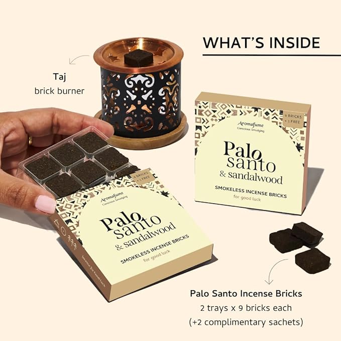 Palo Santo & Sandalwood Smokeless Incense Bricks & Taj Burner | 2 x 9 Bricks | Aromatherapy | Smudging | Made with Essential Oils | Natural Air fresheners for Home | Spiritual Meditation Accessories