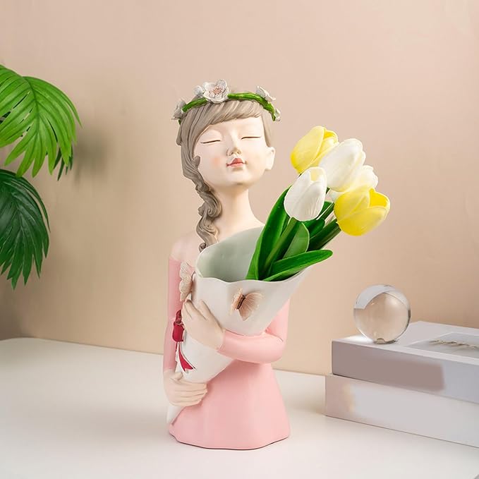 Modern Girl Figurine Flower Vases Plant Pots Resins Sculpture Flower Arrangement Container for Living Room Decoration