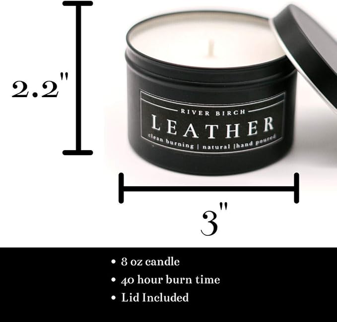 River Birch Leather Scented Candle - Premium, Natural, Non-Toxic, Soy Candles Ideal for Home Decor & Cozy Gifts - Black Matte Tin - 8 oz