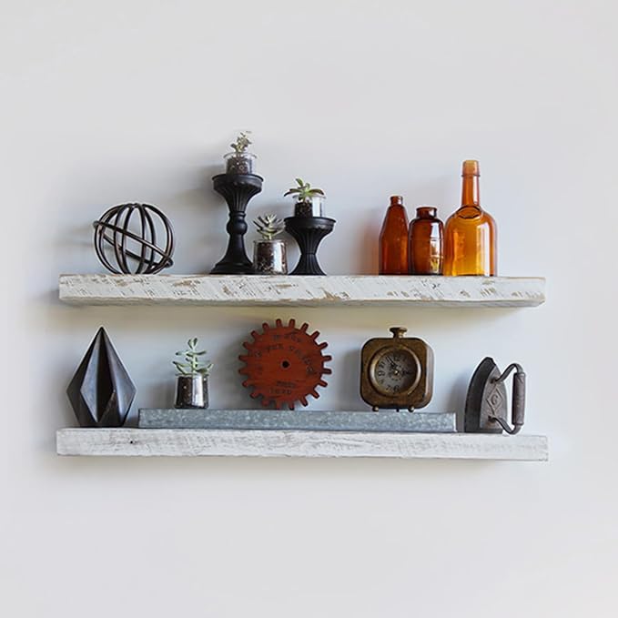 Urban Legacy Reclaimed Barnwood Planks | Floating Shelves for Wall w/Flush Mount Shelf Bracket Set Included | Set of 2 (White Wash, 36" x 7"x 2")