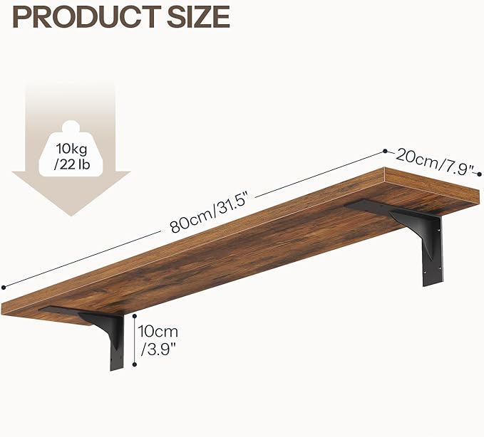HOOBRO Floating Shelves for Wall, 31.5" Wall Mounted Shelves Set of 2, Hanging Storage Shelf with Metal Brackets, Wooden Shelf for Living Room, Bedroom, Bathroom, Rustic Brown and Black BF82BJP201G1