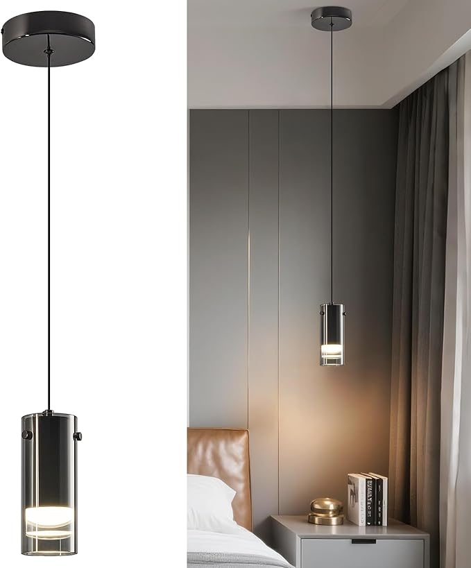 Black Pendant Light Fixtures, Adjustable Modern LED Smoky Gray Glass Pendant Lights for Kitchen Island, Single Hanging Pendant Lighting for Dining Table Hallway Bedroom Living Room(1-Pack)