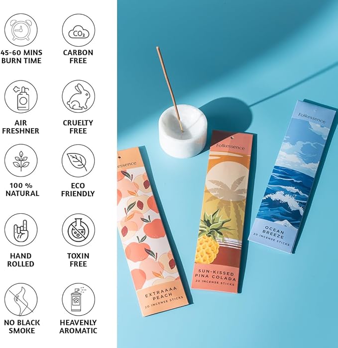 Folkulture Incense Sticks with Holder | Set of 6 (120) Organic Xmas Insence-Sticks | 45 Mins Burn Time | Strawberry, Mango, Ocean Breeze, Pineapple Incenses or Xmas Scents for Women