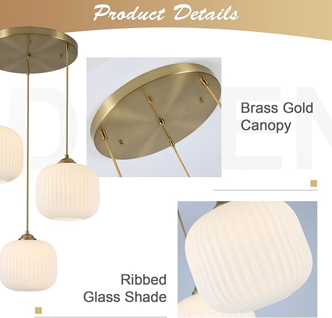 KCO Lighting Large 3 Light Cluster Chandelier Gold Globe Pendant Lights Kitchen Island White Ribbed Glass Ceiling Pendant Light Antique Brass Chandeliers for Dining Room