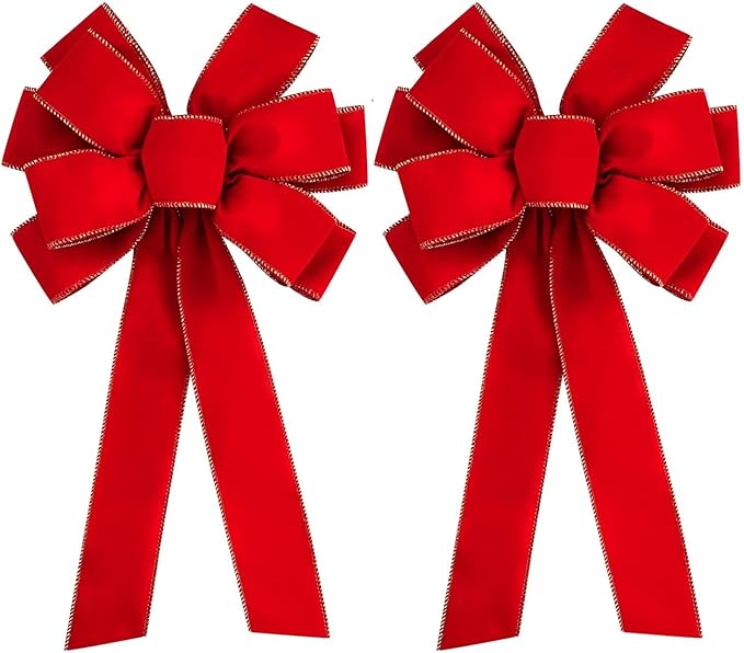 Iceyyyy 2 Pcs Large Christmas Bow-30.7" x 10.6" Christmas Golden Edged Red Velvet Bow-Christmas Tree Topper Ornament Bow for Xmas Home Wreath Decoration