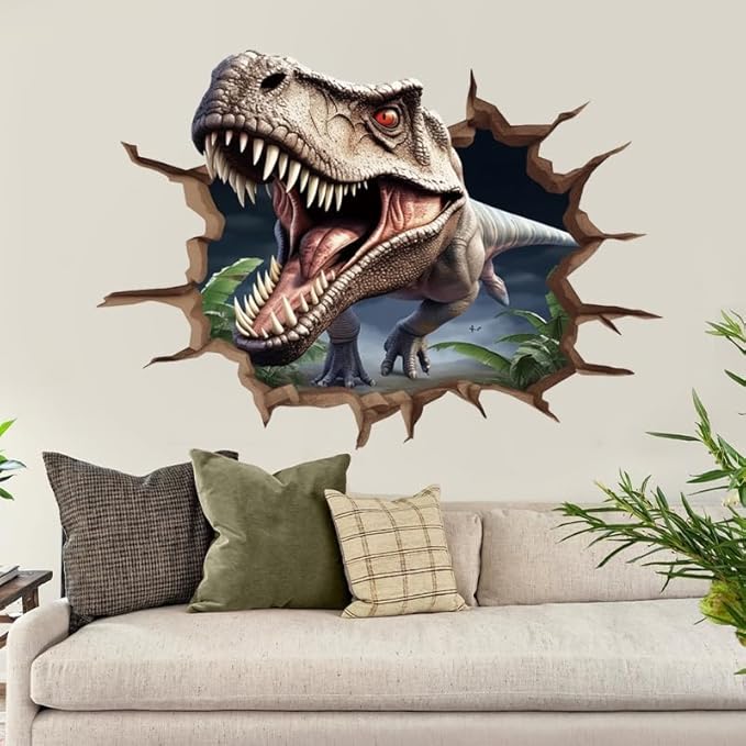 Large Dinosaur Stickers for Wall Dinosaur Room Decor for Boys, Realistic Tyrannosaurus rex, Breaking Through Walls