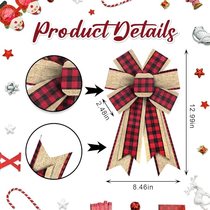 On-Airstore 2pcs Christmas Wreath Bows Red Buffalo Plaid Burlap Bows for Wreaths, Christmas Ribbon Bow Tree Topper Bow for Home Indoor Outdoor Decoration Wreath Ornament Supplies