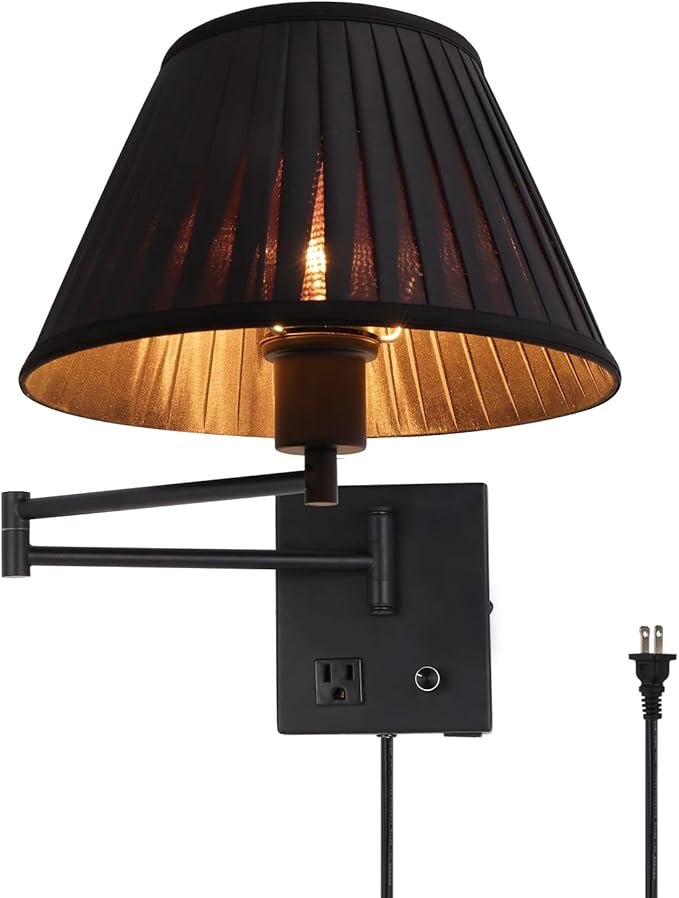 Plug in Wall Sconce 17" Swing Arm Wall Lamp with Plug in Cord and Dimmable Switch Black Sconces Lighting with USB Port and AC Outlet Wall Mounted Lamp Suitable for Bedroom Living Room Hallway.