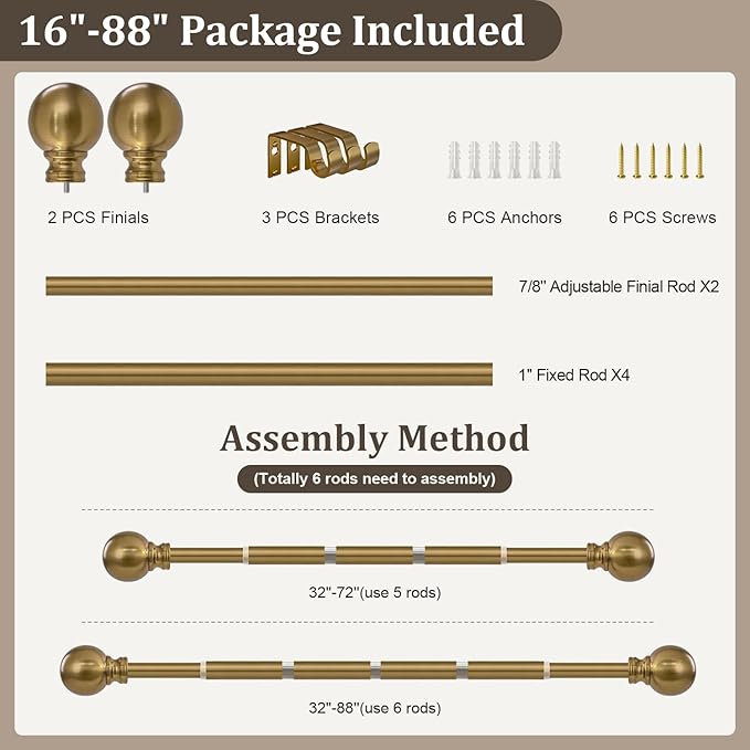 Warm Gold Curtain Rods for Windows 48 to 84 Inch 1" Diameter Adjustable Heavy Duty Brass Window Curtain Rod with Metal Finials for Living Room Bedroom Farmhouse Kitchen Outdoor