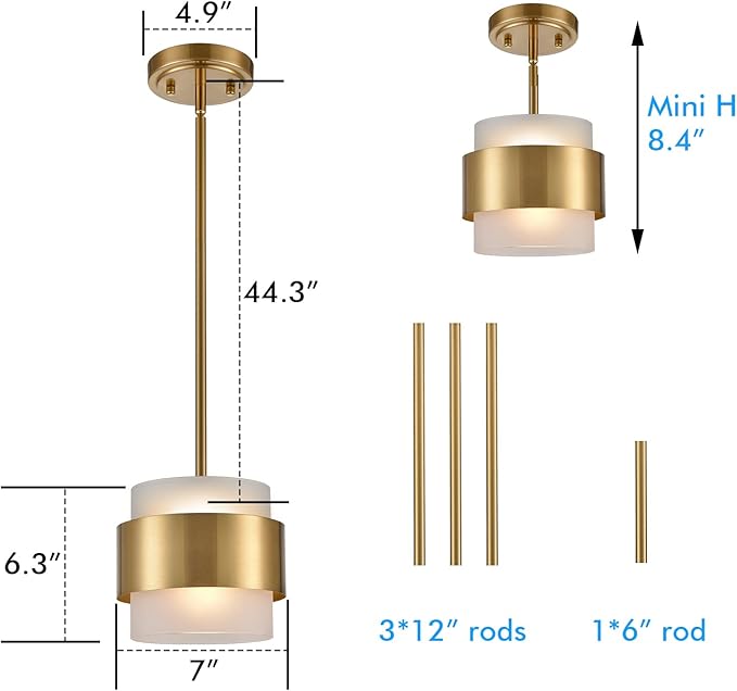 CLAXY Modern Gold Pendant Lights mini Pendant Light for Kitchen Island Dining Room Bar Restaurant with Frosted Glass Shade Rod Hanging Light Fixture