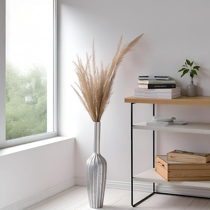 Elegant Silver Floor Vase - 23.62 Inch Tall Decorative Vase for Dried Flowers & Home Décor, Resin Tall Floor Vase, Silver Vases