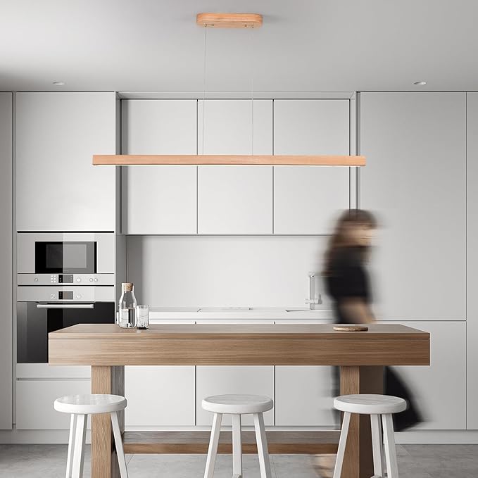 31.5" 18W 1-Light Wooden Led Linear Pendant Light Dimmable Led Ceiling Hanging Light Fixtures Modern Chandeliers for Dining Room Kitchen Island Lights Natural