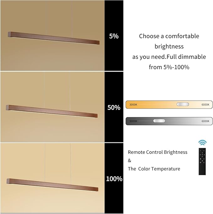 31.5" Wood Linear Pendant Light – Dimmable LED Chandelier with Remote, Adjustable Modern Farmhouse Lighting for Kitchen Islands, Dining Rooms & Bars Walnut Color (19W Energy-Efficient)