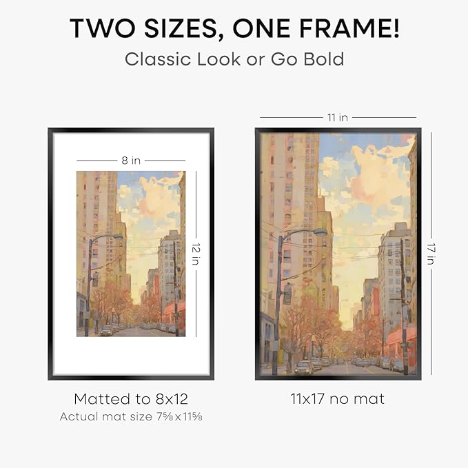 Homeforia 11 x 17 Picture Frame Black, High End Metal 11x17 Poster Frames with Mat 8x12 for Photo, 11 x 17 Black Frame Matted to 8 x 12 inch Print, 17x11 Thin Frame, Tempered Glass, Wall Kit, Set of 2