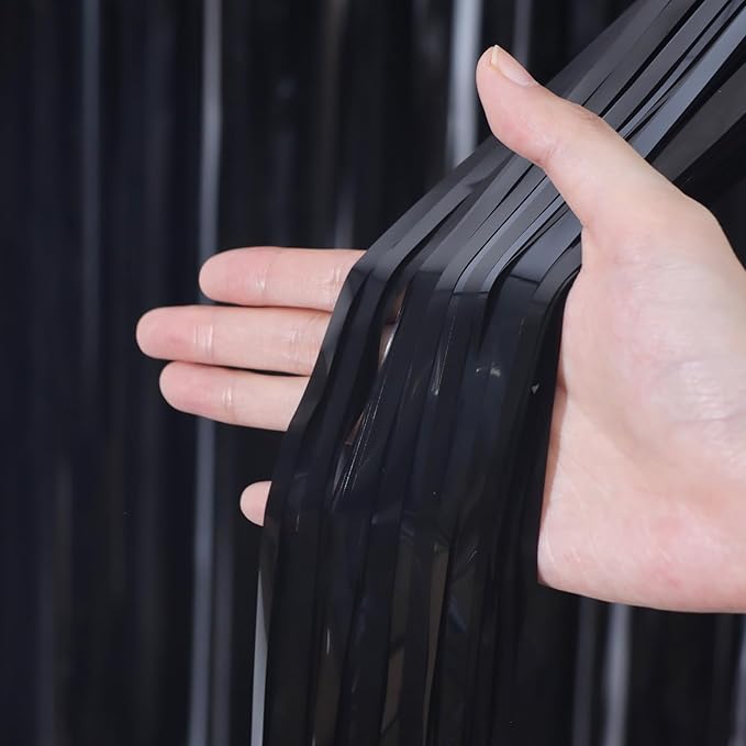 3.3 x 6.6 ft Foil Fringe Backdrop Curtains, Tinsel Streamers Party Decorations, Fringe Backdrop for Birthday, Baby Shower, Gender Reveal, Graduation (3, Black)