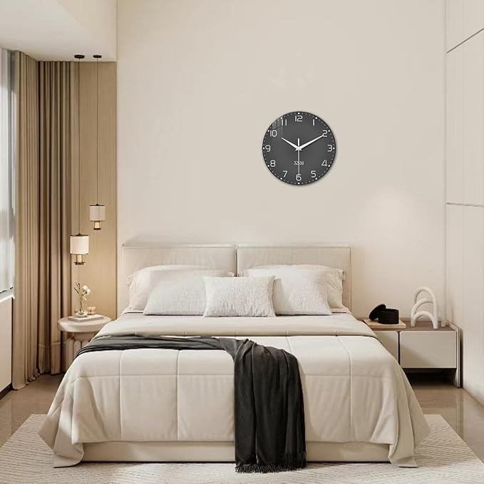 XNM Dark Grey Wall Clock for Bedroom Glass Modren Simple Wall Clock Battery Operated 14 Inch Minimalist Silent Clock Analog