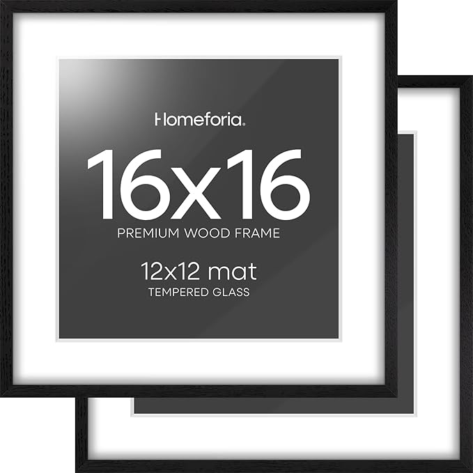 Homeforia 16x16 Black Wood Frame, High End Oak 16 x 16 Square Picture Frames with Mat 12 by 12 inches Photo, 16by16 Black Wooden Poster Frames Matted to 12x12 Print, Tempered Glass, Wall Kit, Set of 2