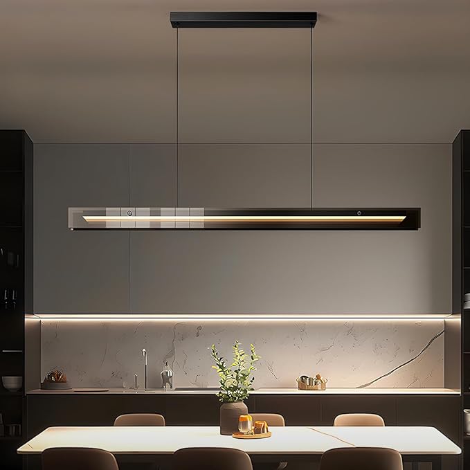 Glass Modern Black Linear Pendant Light - LED Hanging Kitchen Island Lights, Adjustable Dimmable Ceiling Fixtures, Minimalist Chandelier for Dining Room, Bar (74.8")