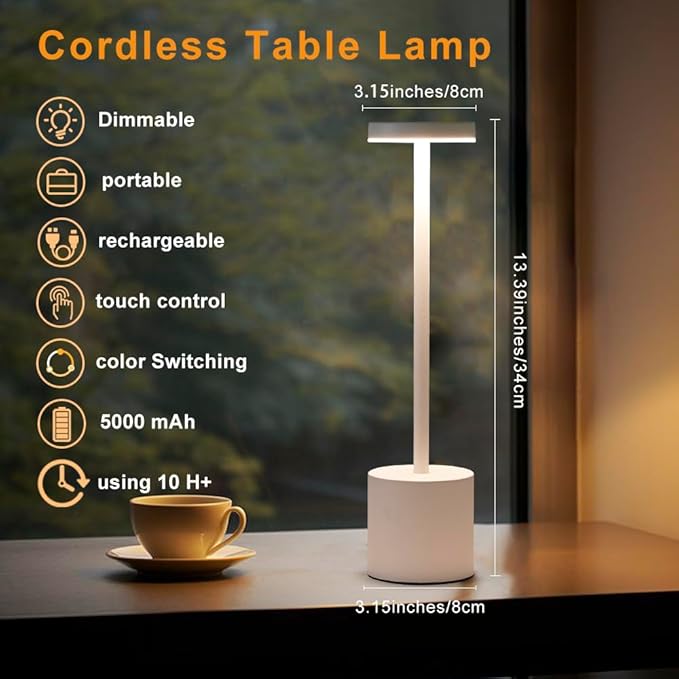 2 Pack LED Cordless Table Lamp, Portable 5000mAh Rechargeable Table Lamps, Touch Control Outdoor Table Lamp, 3 Color Dimmable Cordless Desk Lamp For Restaurant, Patio, Bedroom, Outdoor - White