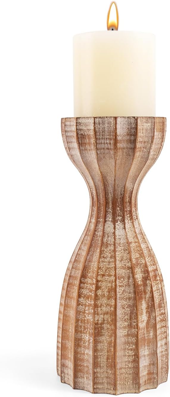 Farmhouse Wooden Candle Holders for Pillar Candles, Brown Prism Rustic Wood Pillar Candle Stands Table Centerpiece Decor for Fireplace, Living, and Dining Room