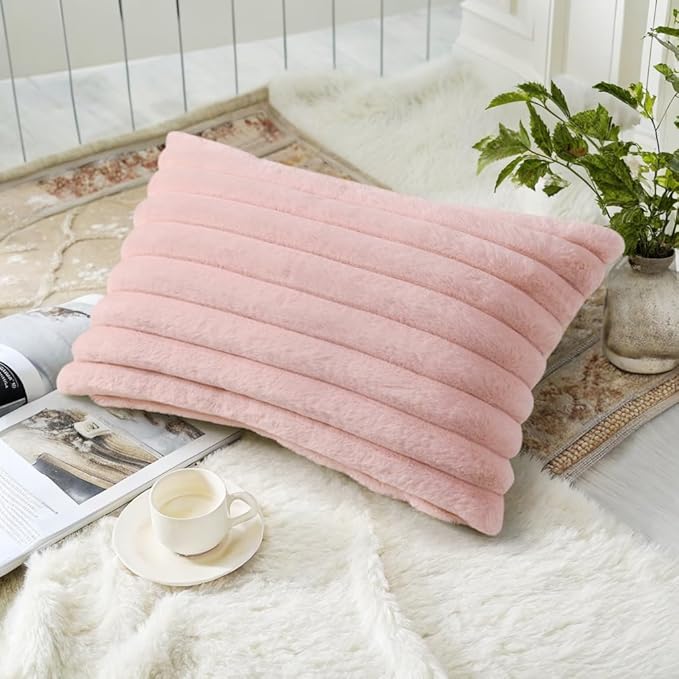 decorUhome Faux Fur Christmas Throw Pillow Covers 12x20 Set of 2, Decorative Soft Plush Striped Lumbar Neutral Couch Euro Pillow Covers with Velvet Back for Sofa, Bed, Living Room Home Decor, Pink