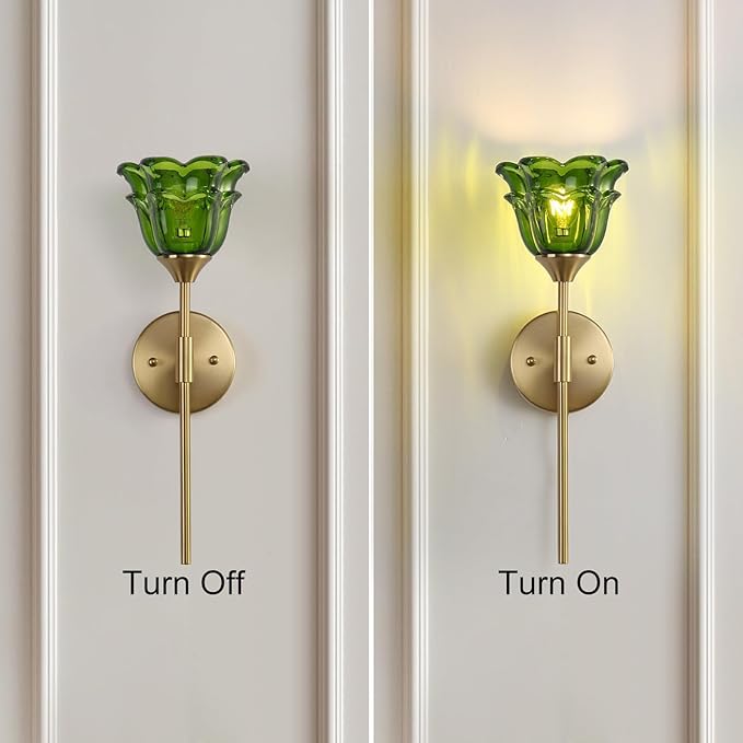 2 Pack Gold Wall Sconce with Green Glass Shades, Modern Mid Century Bathroom Vanity Wall Light Fixtures, Industrial Brushed Brass Wall Lamp, for Bedroom Mirror Living Room, ETL Listed