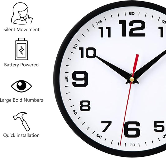 Wall Clock Silent Non-Ticking Modern Clocks Battery Operated 8 Inch Small Analog Clock Decorative for Living Room Bedroom Kitchen Office Decor (Black)