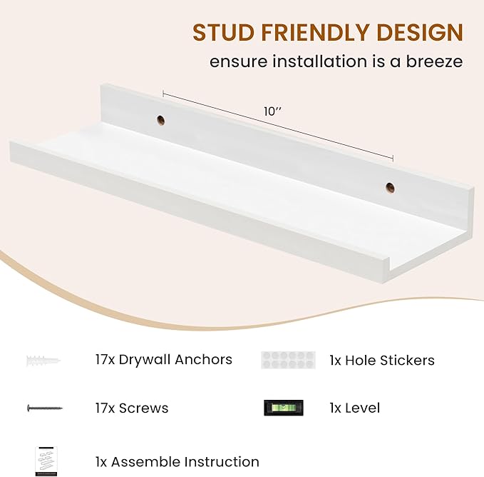 Axeman Picture Ledge Shelf, Floating Shelves for Wall Decor Storage Set of 6, 16 inch Floating Wall Mounted Shelves, Shelves with Lip for Living Room, Bedroom, Nursery, Bathroom, Kitchen, White