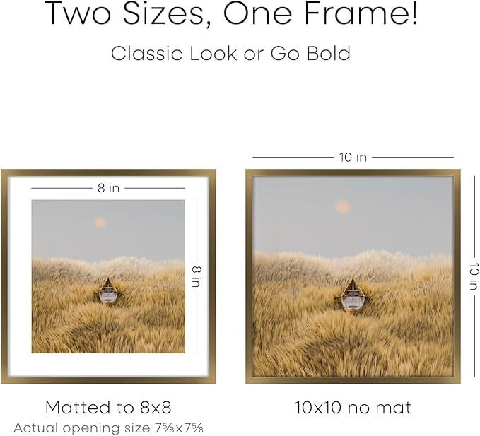 Homeforia 10x10 Picture Frame Bronze, High End Metal 10 by 10 Square Brass Frames with Mat 8 x 8 Photo, 10x10 Poster Frame Matted to 8x8 Art, Wall or Tabletop Frame, Tempered Glass, Wall Kit, Set of 2