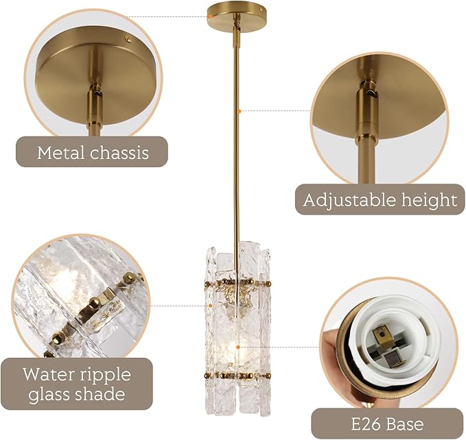Gold Crystal Pendant Light for Kitchen Island,Luxury Mini Water Ripple Glass Chandelier Lights Fixture, Modern Round Adjustable Hanging Pendant Lighting for Dining Room Bedroom Hallway (3-Pack)