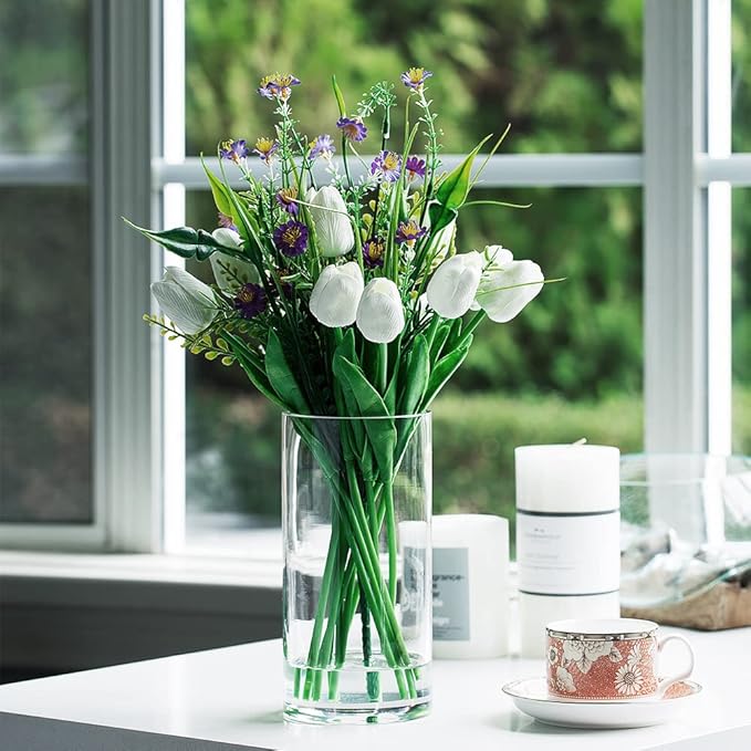 Enova Floral Clear Glass Cylinder Vase 4 x 8 Inches, Clear Flower Vases, Pillar Candle Hurricane Floating Candle Holder Vase, Glass Flower Vase for Wedding Centerpieces, Home Office décor (1 Piece)