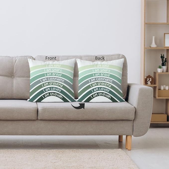 QIYUHOY Boho Sage Eucalyptus Green Rainbow Classroom Throw Pillow Covers, Olive Green Pillow Cover, Book Center Calming Corner Playroom Decor Pillow Case,I Am Kind Smart Brave Confidence,18x18 Inch