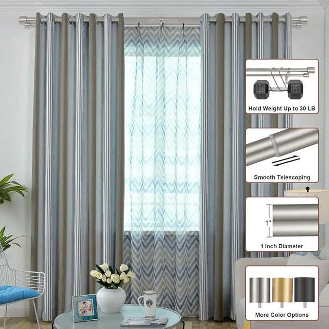 Double Curtain Rods 72-144" (6-12ft), Brushed Nickel Double Drapery Rod with Cap Finials, 1 Inch Front and 5/8 Inch Back Diameter Heavy Duty Dual Curtain Rod, Decorative Double Rods for Window