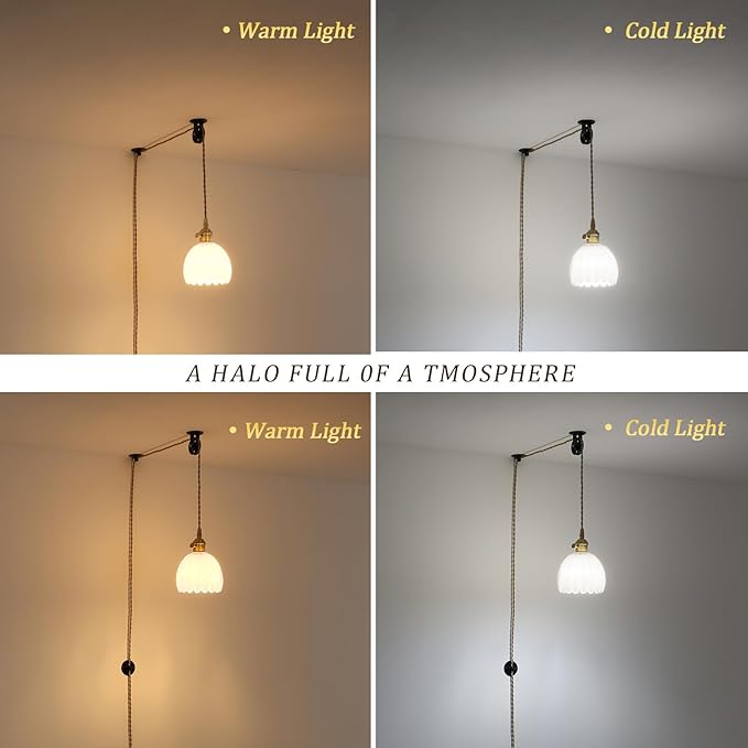 Plug in Pendant Light Hanging Light Fixture Corded On/Off Switch Brass Pendant Light with White Tulip Glass Lampshade for Bedroom Living Room Kitchen Island