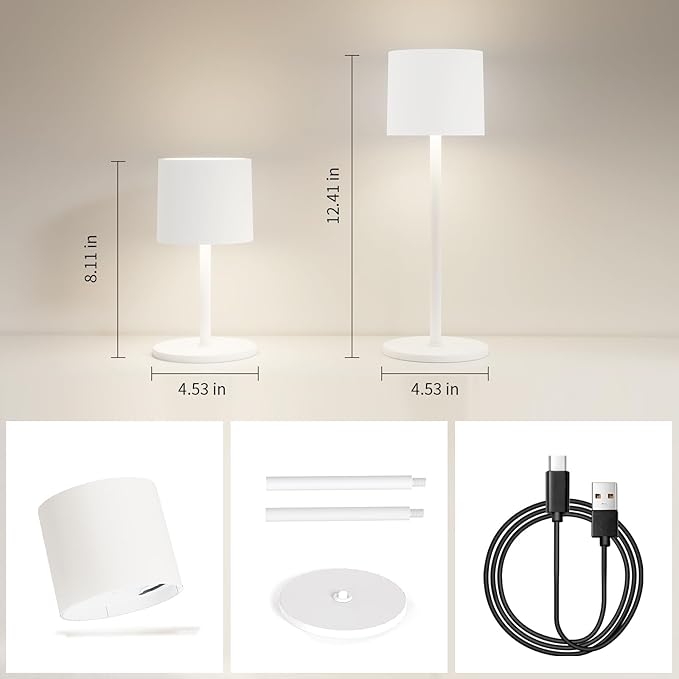 Cordless Table Lamp, Portable LED Desk Lamps, 2 Adjustable Height, 4400mAh Battery Powered Rechargeable Light, 3 Color Stepless Dimming Up,for Restaurant, Bedroom, Outdoor Camping (White)