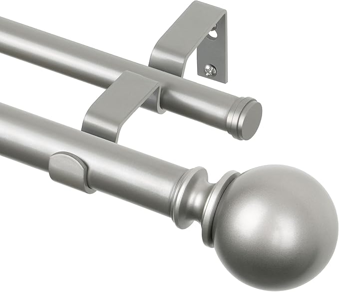 KAMANINA Silver Double Curtain Rods for Windows 66 to 120 Inches (5.5-10 Feet), 1 Inch Adjustable Heavy Duty Drapery Rod, Telescoping Dual Curtain Rod with Round Finials