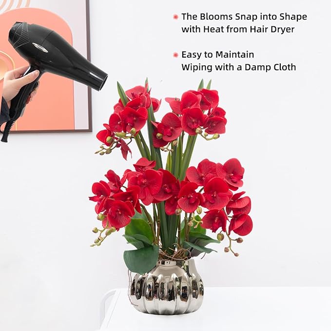 CXGS Artificial Orchid Flower Real Touch Faux Orchids in Ceramic Vase Large 22.9'' Fake Flowers Red Phalaenopsis Floral for Home Indoor Decor
