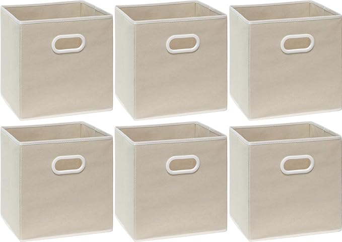 Simple Houseware Foldable Cube Storage Bins with Handles, 11-Inch, Beige, 6-Pack, Fabric Cubes Organizer for Closet or Shelves