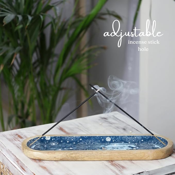 The Art Box Hand-Painted Incense Burner Holder Dark Blue - 12x4x1 inch Wooden Long Incense Stick Tray Holder for Modern Gift, Ash Catcher Incense Stick Holder - Meditation & Yoga
