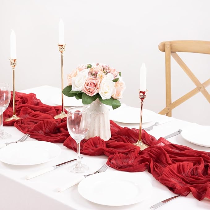MLMC Red Table Runner 10ft Boho Gauze Cheesecloth Valentines Table Runner Rustic Cheese Cloth Decor 35x120 Inches for Wedding Reception Annniversary Home Valentine's Day Decor