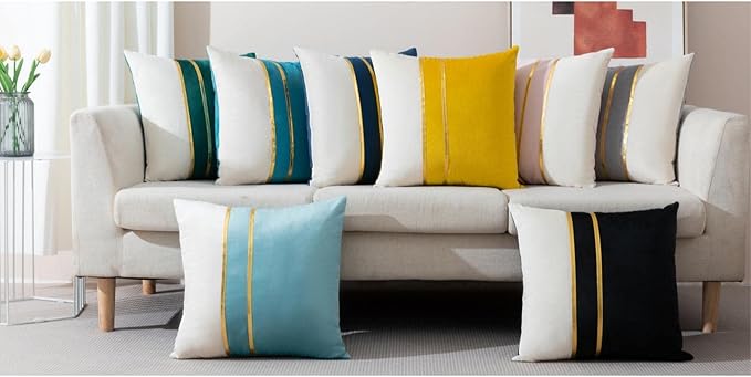 ZLINA Set of 2 Velvet Decorative Throw Pillow Covers Grey White Patchwork with Gold Leather Pillow Covers 16 × 16 Inch Cushion Covers Decor Living Room Sofa Bedroom Car
