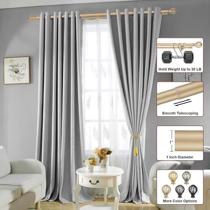 Light Gold Double Curtain Rods, 36-72 Inches, Round Finials, 1-Inch Front, 5/8-Inch Back, Telescoping
